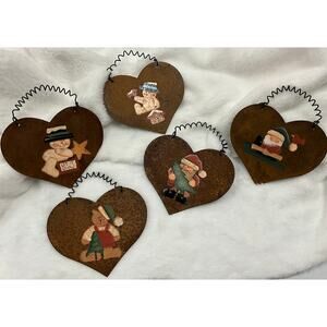 Vintage Rustic Set of 5 Crazy Mountain/Henton Metal Heart Christmas Ornaments